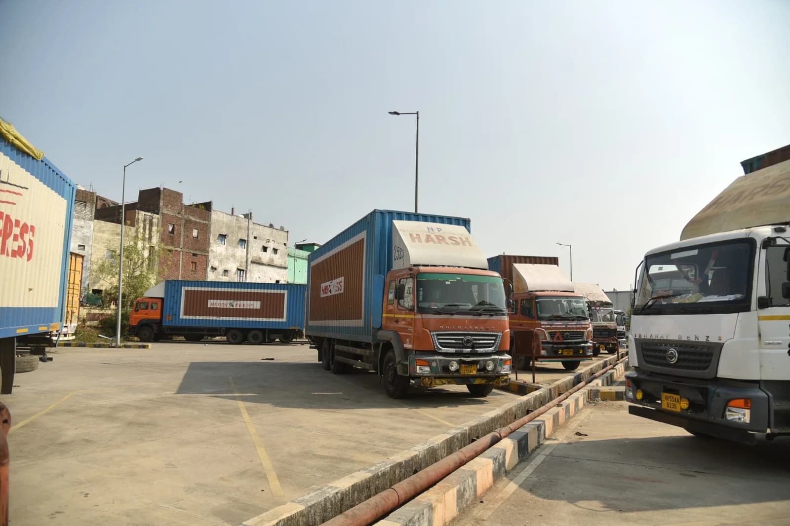 Harsh Express trucks parked at the Mandideep yard